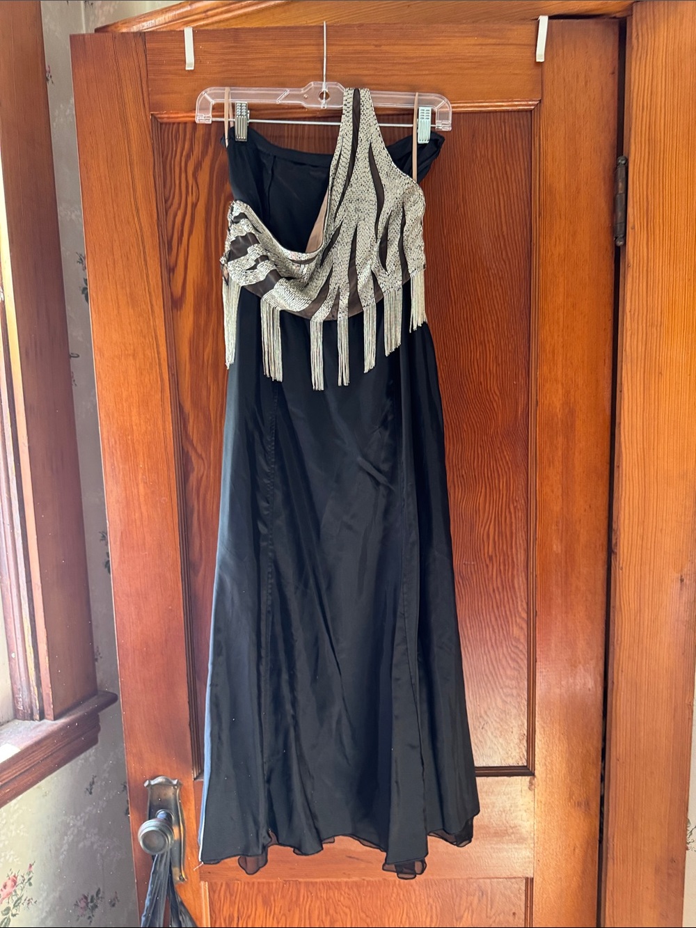 Black 2 piece Dress with Silver Fringe One-Shoulder Detail